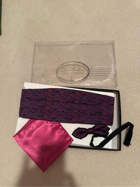 Men's black & Pink Cummerbund, Bow tie, and Pocket Square Set